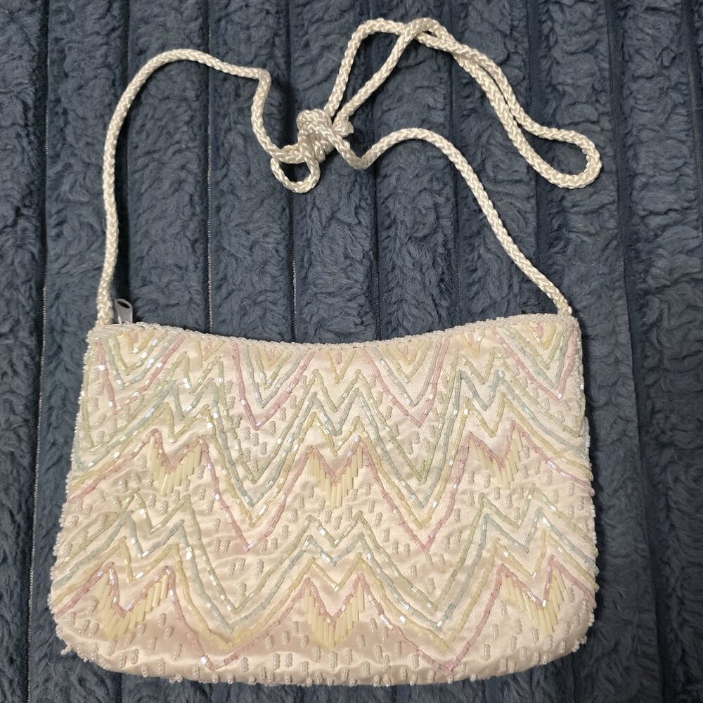 White Beaded Chevron Pattern Evening Purse With Satin Lining & Braided Strap - Picture 4 of 9